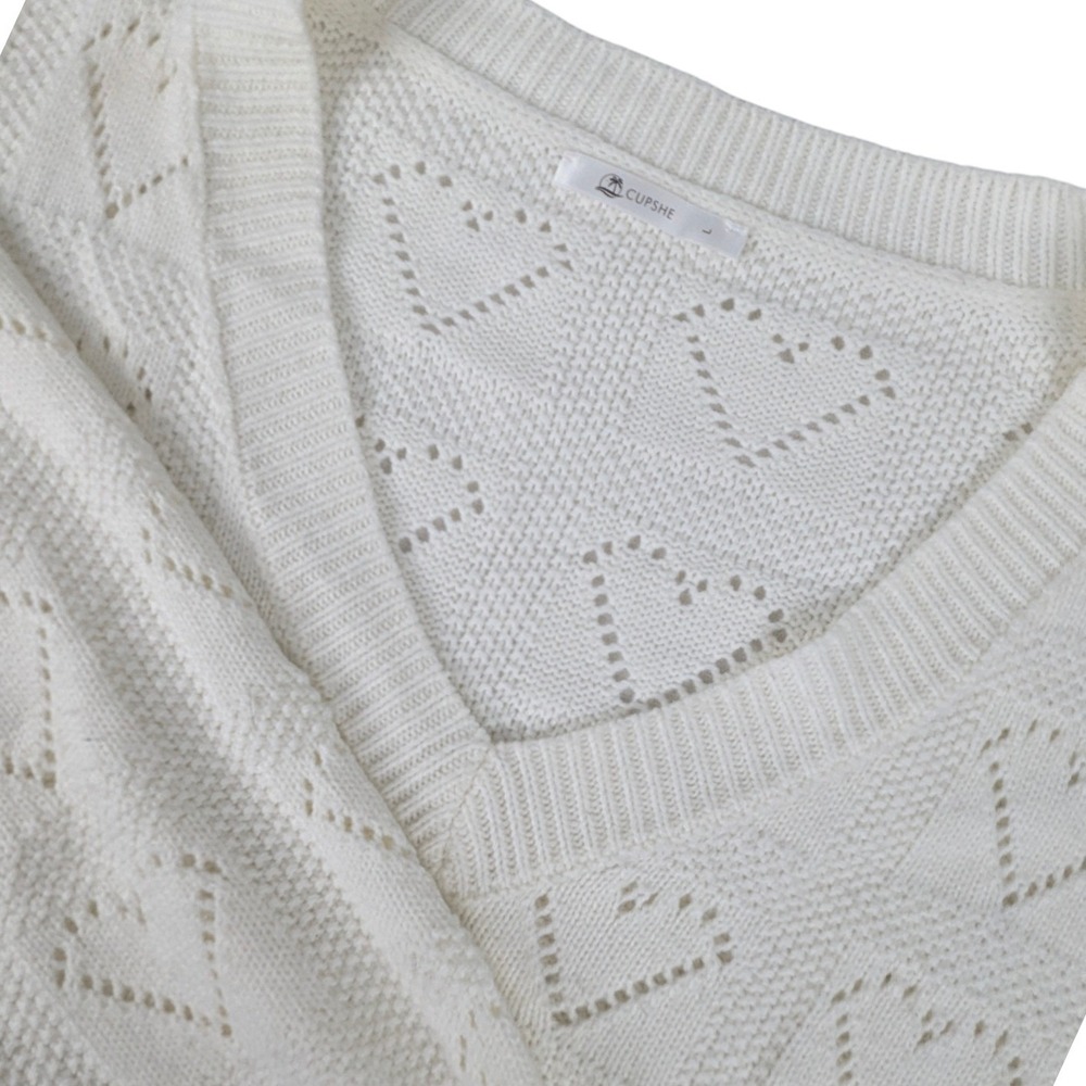 Cupshe Womens White Heart Pointelle Knit V-Neck Pullover Sweater Large